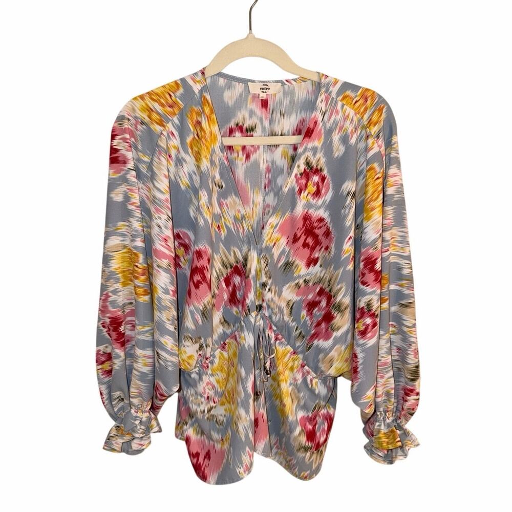 Entro Women’s Small Blue Floral Drawstring Waist Kimono Blouse